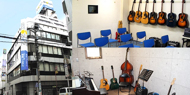 ギター教室ウッド横浜校外観と教室風景